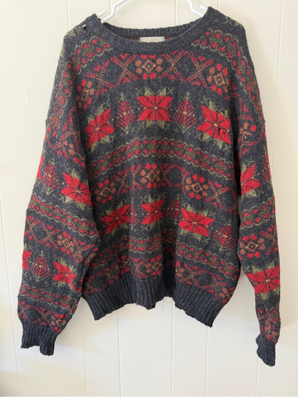 100% Pure Wool Sweater Crewneck XL Fair Isle Poinsettia Vintage 90’s